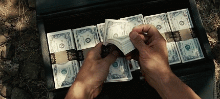In this scene from the movie, No Country for Old Men Llewelyn (Josh Brolin) finds the drug money and makes the decision to keep it.