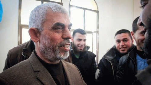 Yahya Sinwar, the new leader of Hamas in the Gaza Strip, attends the opening of a new mosque in the southern Gaza city of Rafah on February 24, 2017., From ImagesAttr