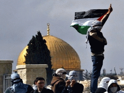 A teen raising the flag of Palestine in Al-Aqsa Mosque Compound., From ImagesAttr