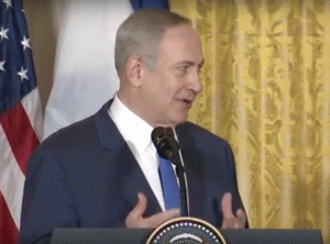 Israeli Prime Minister Benjamin Netanyahu making opening remarks at a joint White House press conference with President Donald Trump on Feb. 15, 2017., From ImagesAttr