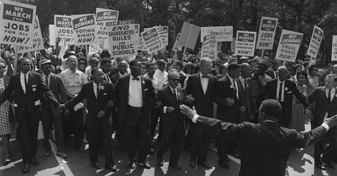 Civil rights and union leaders, including Martin Luther King Jr., Joseph L. Rauh Jr., Whitney Young, Roy Wilkins, A. Philip Randolph, Walter Reuther, and Sam Weinblatt, take part in the March on Washington for Jobs and Freedom on August 28, 1963., From ImagesAttr