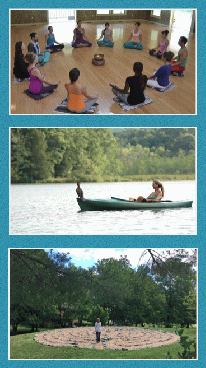 Yoga class and canoeing (photos courtesy of Omega), labyrinth (photo by Meryl Ann Butler