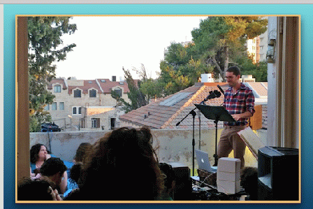 Mishy tells a story as part of Israel Story's live show at his home in Jerusalem, 2017