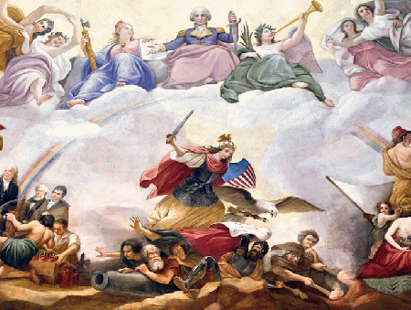 Detail from the 'Apotheosis of George Washington,' the 1865 Constantine Brumidi fresco on the ceiling of the Capitol dome. The figure representing Revenge holding the two torches is a portrait of Jefferson Davis, and the white bearded fellow representing