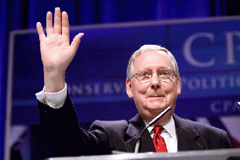 Mitch McConnell.  Mitch McConnell. Why is this man smiling? Because since his declaration of total non-cooperation with Pres. Obama is 2008, he is Congressional Repub. most responsible for the progression to Functional Fascism.