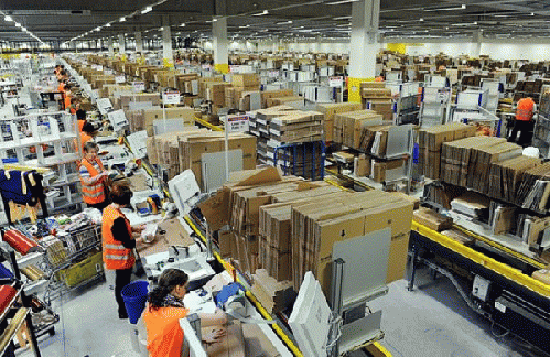 Employees at an Amazon warehouse