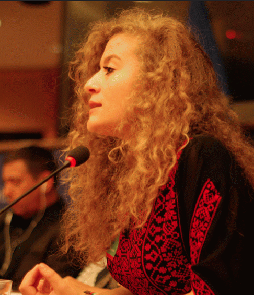 Ahed Tamimi speaking at the The Role of Women in the Palestinian Popular Struggle Conference