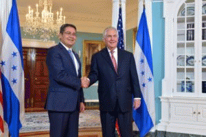 U.S. Secretary of State Rex Tillerson meets with Honduran President Juan Orlando Hernandez, at the Department of State, March 21, 2017., From ImagesAttr