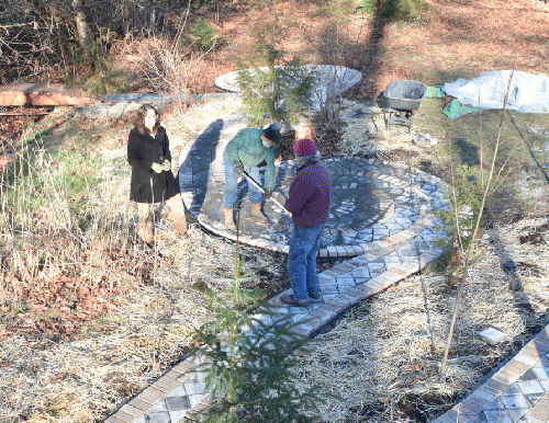 Keith Witter, built the wooden bridge connecting the paved labyrinth to the streamside ending circle;  Sarai Stevens who is the heart and soul of Transition Chuckanut; and Chris Soler, a local organic farmer  (and Chuck Nafziger's shadow!)