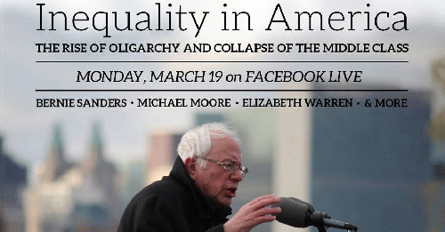 Streaming live on Facebook at 7pm EDT on Monday night, Sen. Bernie Sanders (I-Vt.) will be joined by Sen. Elizabeth Warren (D-Mass.) and Michael Moore, along with other advocates and experts, as they explore inequality, the rise of oligarchy, and the deat