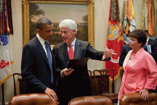 Then-President Barack Obama talks with former President Bill Clinton and senior adviser Valerie Jarrett at the White House in July 2010. Obama was meeting with business leaders to discuss new ways to create jobs and strengthen the partnership between the , From ImagesAttr