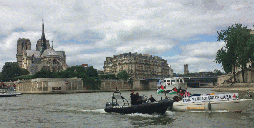 Paris police boats stopping two Gaza flotilla boats from stopping in Paris.
