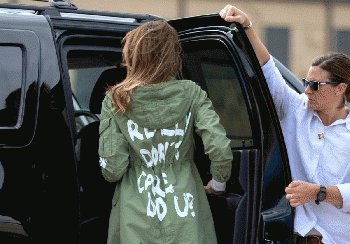 Melania Trump wears a coat proclaiming, .I Really Don't Care, Do U?. as she goes to visit immigrant children separated from their parents. Melania Trump wears a coat proclaiming, .I Really Don't Care, Do U?. as she goes to visit immigrant children separated from their parents.