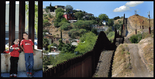 The Nogales border from the US side; boys on the Mexican side.