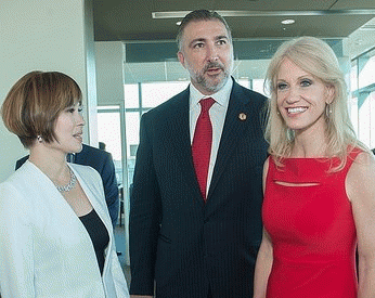 Julian Lin and lobbyist Neil Hare have chat with Trump counselor Kellyanne Conway, From ImagesAttr
