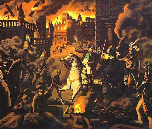 The 1812 Fire of Moscow broke out when most had abandoned the city ahead of Napoleon's troops entering on September 14th. One month after entering, the starving French army began a hasty retreat out of Russia.