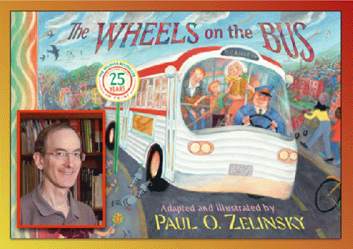 Cover art of 25th anniversary edition of 'The Wheels on the Bus'; headshot from Paul's website