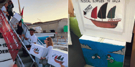 Medical Supplies being loaded onto Al Awda and boxes painted by Naples, Italy artists