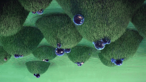 An illustration of upside-down grassy hills topped with cosmic blue spheres, From ImagesAttr