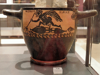 Boetian black-figure pottery skyphos (wine-cup), found at Thebes, 4th century BC, Odysseus at sea on a raft of amphoras, Ashmolean Museum