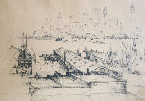 Etching of Brooklyn harbor by Anton Schutz.