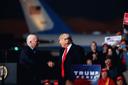 Representative Greg Gianforte and President Donald Trump shake hands at a rally, From ImagesAttr