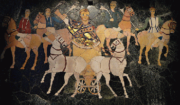 Junius Bassus on a biga (two-horse chariot) followed by four horsemen representing the factions of the circus, opus sectile panel from the basilica of Junius Bassus on the Esquiline Hill, 4th century AD, Palazzo Massimo alle Terme, Rome, From FlickrPhotos