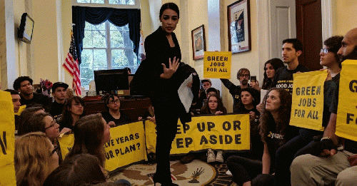 Then-Rep.-elect Alexandria Ocasio-Cortez (D-N.Y.) joined climate activists occupying the office of Nancy Pelosi, who will serve as the next speaker of the House., From ImagesAttr