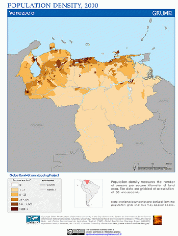 Venezuela: Population Density, 2000Owner: SEDACMaps at flickr.com/people/54545503@N04/
License: Attribution, From FlickrPhotos