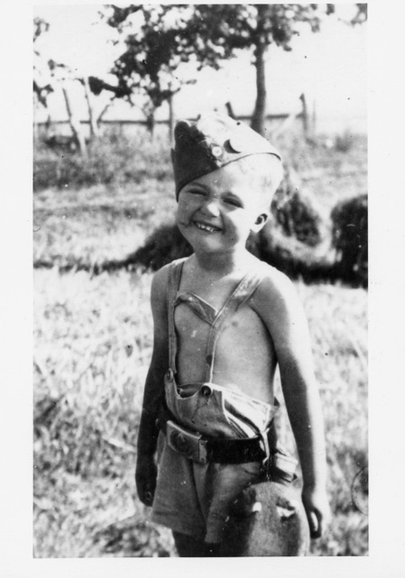 The author dressed in a fashion similar to the one Prince Harry wore to a costume party, but without the swastika armband. Kriegskinderheim, Langenbruck, Upper Silesia, 1943.