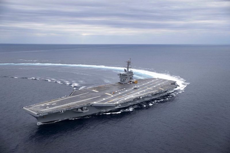 The USS Abraham Lincoln conducts drills in the Atlantic Ocean in 2017., From InText