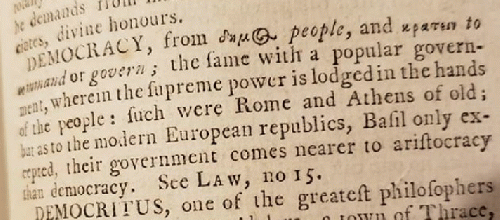 the entry for democracy in Dobson's Encyclopaedia. Letters that look like F are actually the letter 