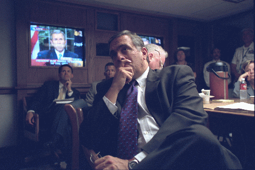 Tenet listening to President George W. Bush's address on Sept. 11, 2001, in the President's Emergency Operations Center.