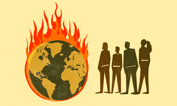 Because we burn so much coal and gas and oil, the atmosphere of our world is changing rapidly, and that atmospheric change is producing record heat.  YES! illustration by Jennifer Luxton