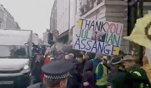 Video still of pro-Assange protesters outside Westminster Magistrates Court in London, Oct. 21, 2019., From Uploaded