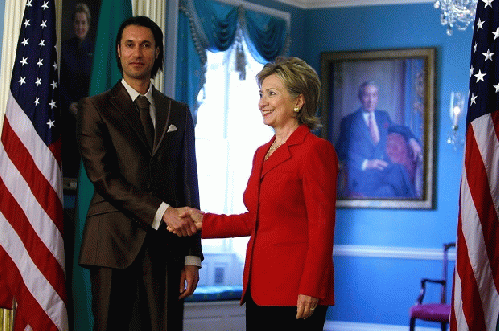 Libyan National Security Adviser Mutassim Gaddafi a son of Colonel Gaddafi with U.S. Secretary of State Hillary Clinton in 2009 Father and son were later executed