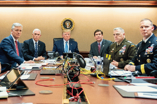 President Trump and advisers in White House Situation Room watching U.S. Special Operations Forces in Syria on Saturday, Oct. 26, 2019. President Trump and advisers in White House Situation Room watching U.S. Special Operations Forces in Syria on Saturday, Oct. 26, 2019.