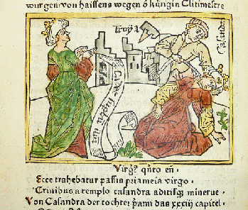 Woodcut illustration of Cassandra's prophecy of the fall of Troy (at left) and her death (at right), From FlickrPhotos