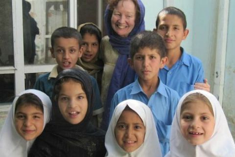 Kathy Kelly with children in Kabul, Afghanistan, May 2016 Kathy Kelly with children in Kabul, Afghanistan, May 2016