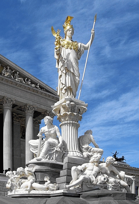 From commons.wikimedia.org: Austria Parlament Athena bw. From commons.wikimedia.org: Austria Parlament Athena bw.