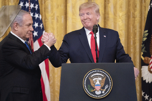 Israeli Prime Minister Benjamin Netanyahu, left, and President Donald J. Trump at Trump's WDC unveiling of details of Middle East Peace Plan, Jan. 28, 2020., From Uploaded