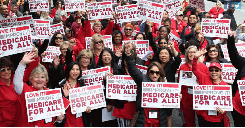 Members of National Nurses United (NNU), along with a broader coalition of pro-Medicare for All organizations rallied outside of the national headquarters of PhRMA in support of Medicare for All on April 29, 2019 in Washington, DC.