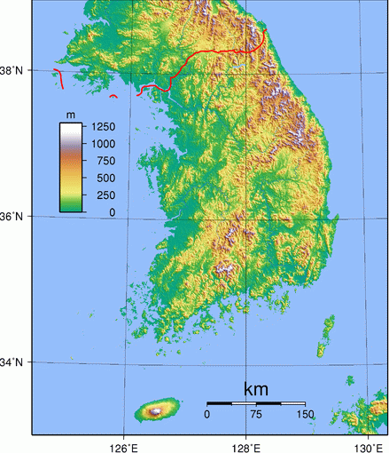 From commons.wikimedia.org: South Korea Topography.  