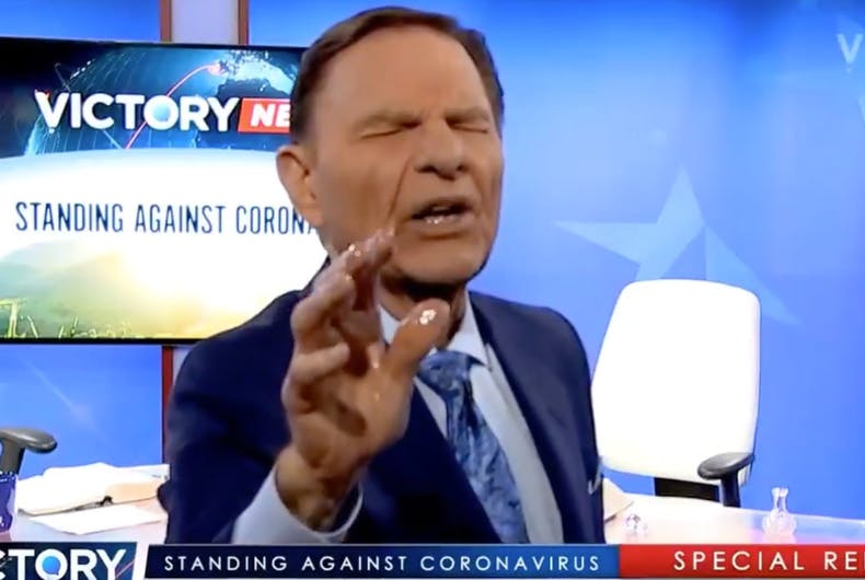 Christian clergyman/con-man Ken Copeland allegedly healing people of coronavirus. Christian clergyman/con-man Ken Copeland allegedly healing people of coronavirus.