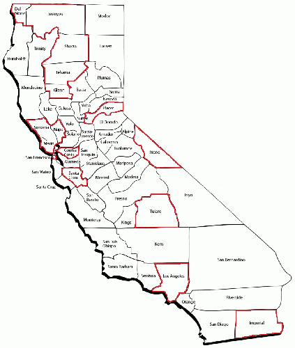 16 California counties using BMDs, outlined in red