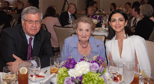 NDI's former President Kenneth Wollack and Chairman Madeleine K. Albright pose with Nazanin Boniadi. Credit: Margot Schulman/ Facebook