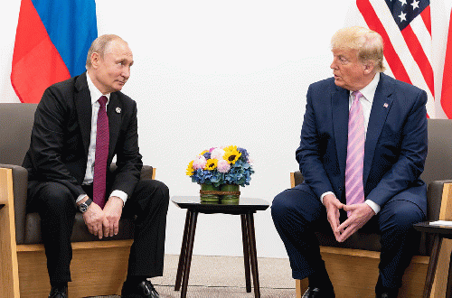 Russian President Vladimir Putin, left, and U.S. President Donald Trump during G20 Summit in Osaka, June 28, 2019., From Uploaded