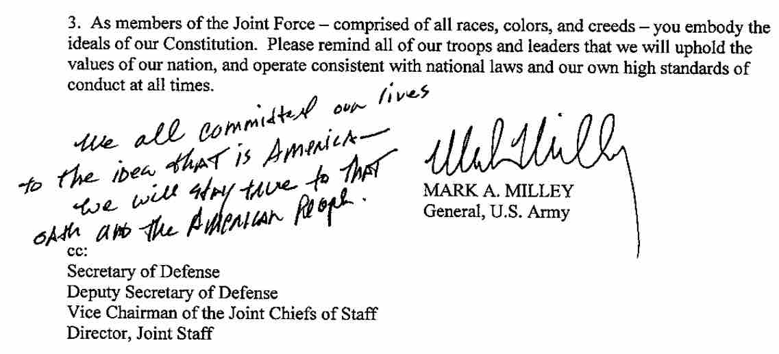 A portion of Gen. Milley's memo to the troops, with added note, From InText