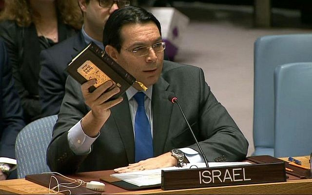 Israeli UN Ambassador Danny Danon holding Hebrew Bible/Old Testament at the UN., From InText