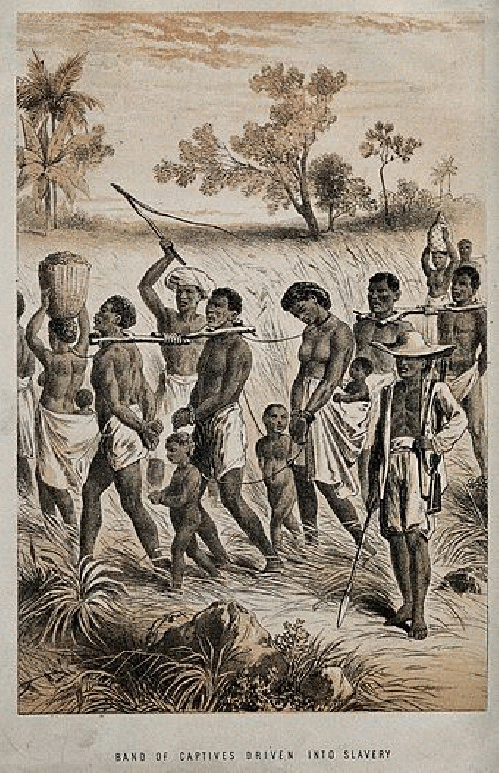 Group of men and women being taken to a slave market